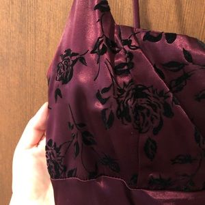 Merlot, lace-back maxi dress with velvet floral pattern. Size 13/14